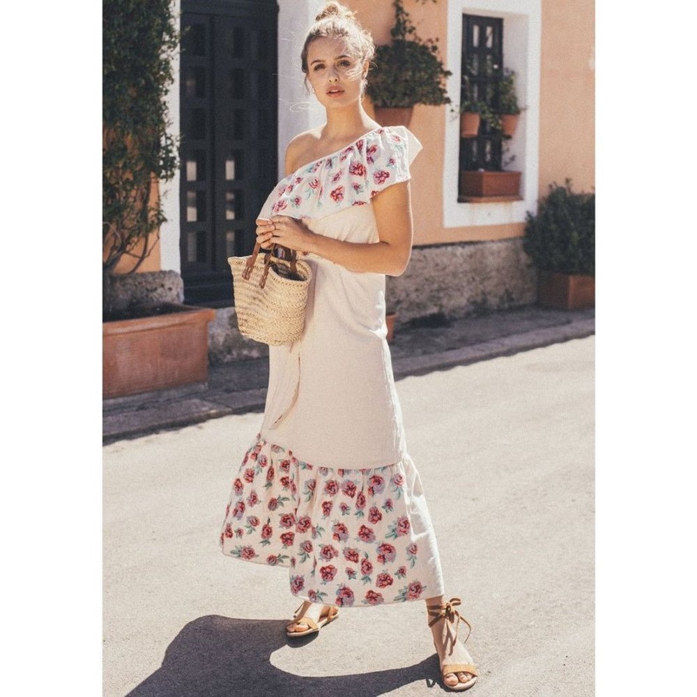 Pampelone Women Delphina One Shoulder Maxi Dress Floral Embroidered Ruffle M